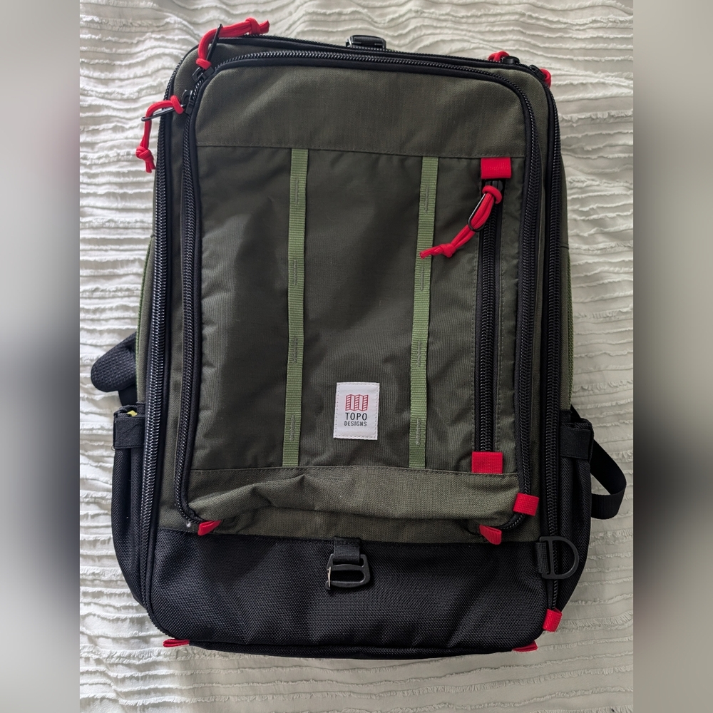 Topo Designs Olive and Black Backpack with Red Details